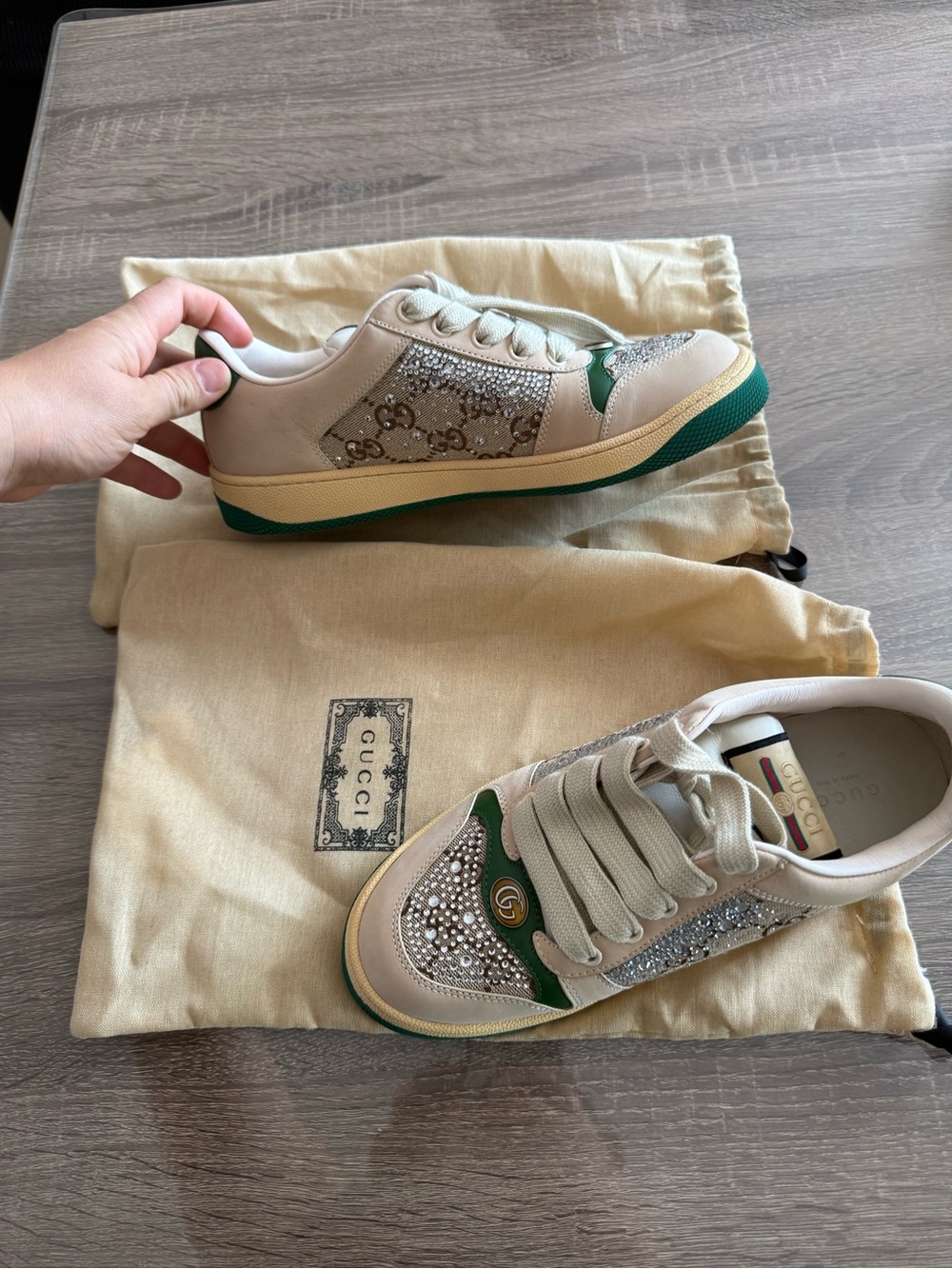 Gucci Beige Leather & Green Crystal-Embellished Women’s Sneakers - Picture 2 of 4
